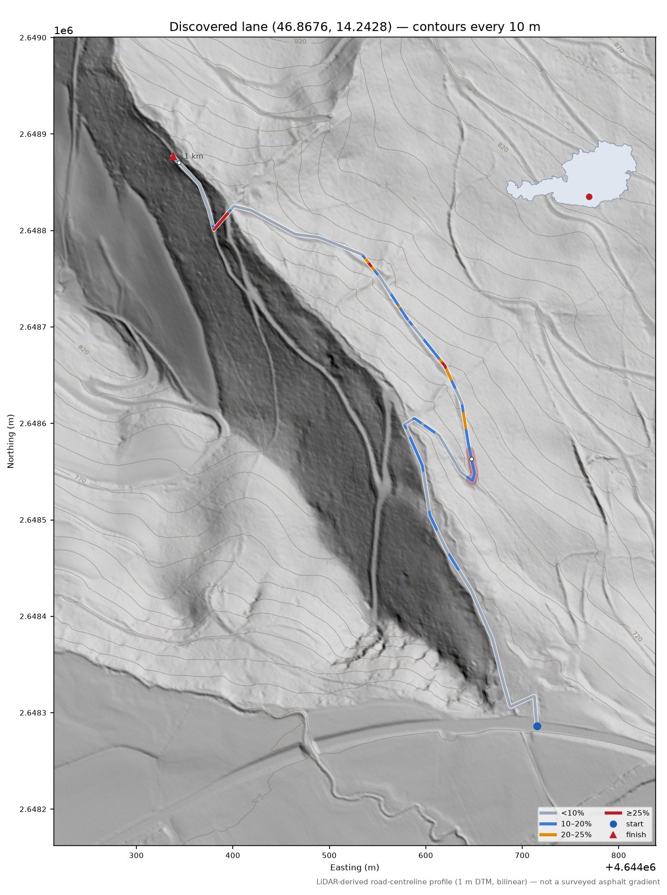 Discovered lane (46.8676, 14.2428) LiDAR hillshade map with contours