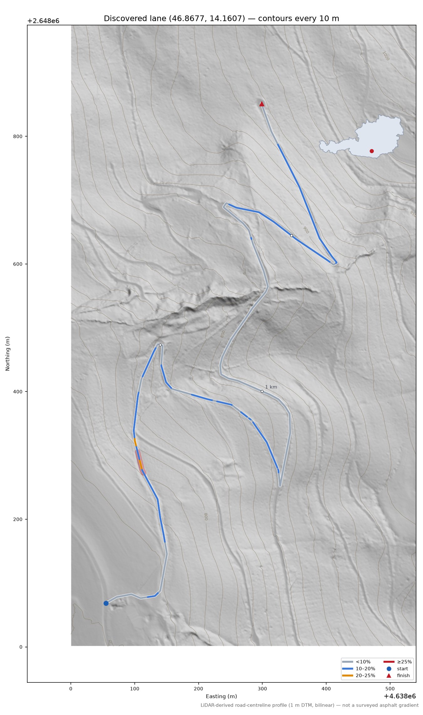 Discovered lane (46.8677, 14.1607) LiDAR hillshade map with contours