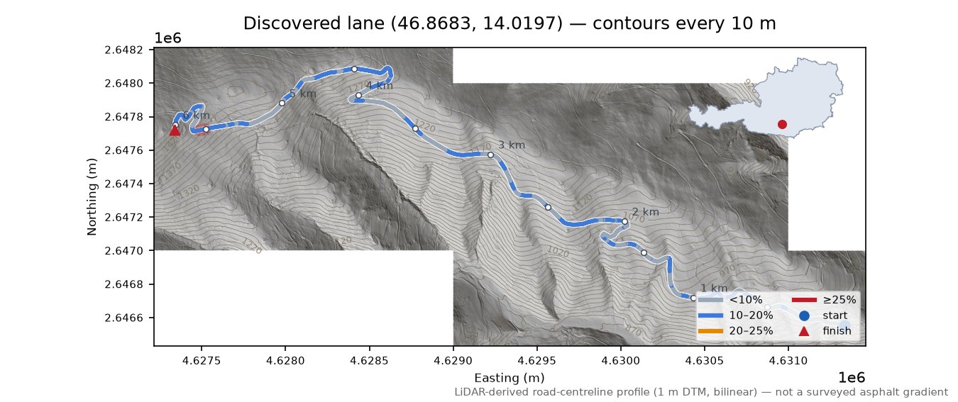 Discovered lane (46.8683, 14.0197) LiDAR hillshade map with contours