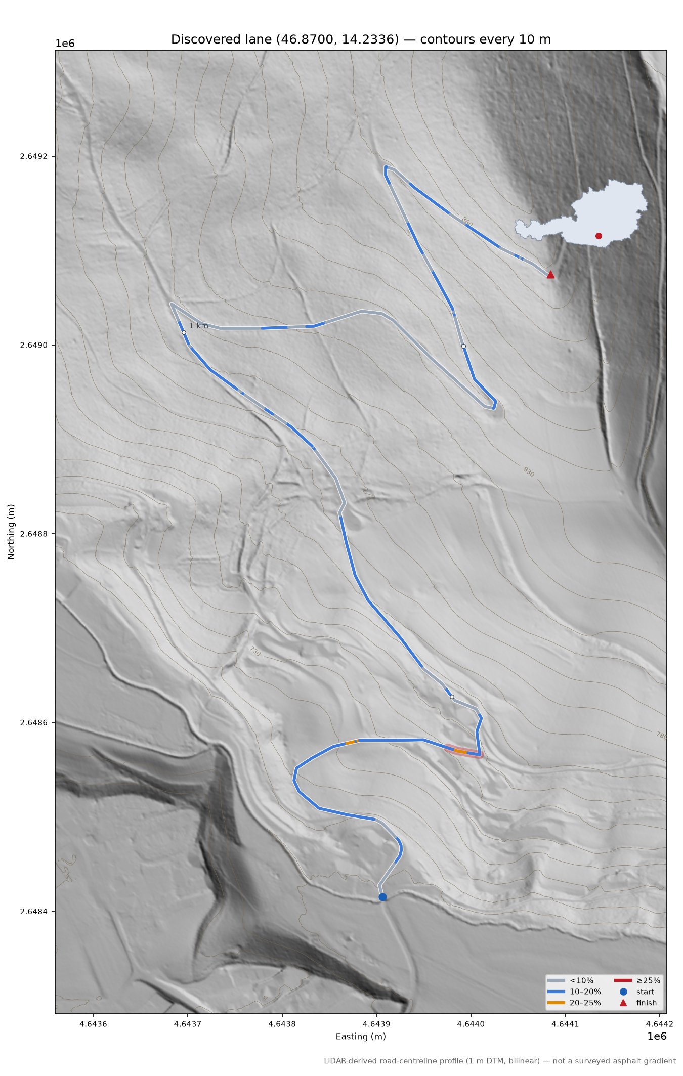 Discovered lane (46.8700, 14.2336) LiDAR hillshade map with contours
