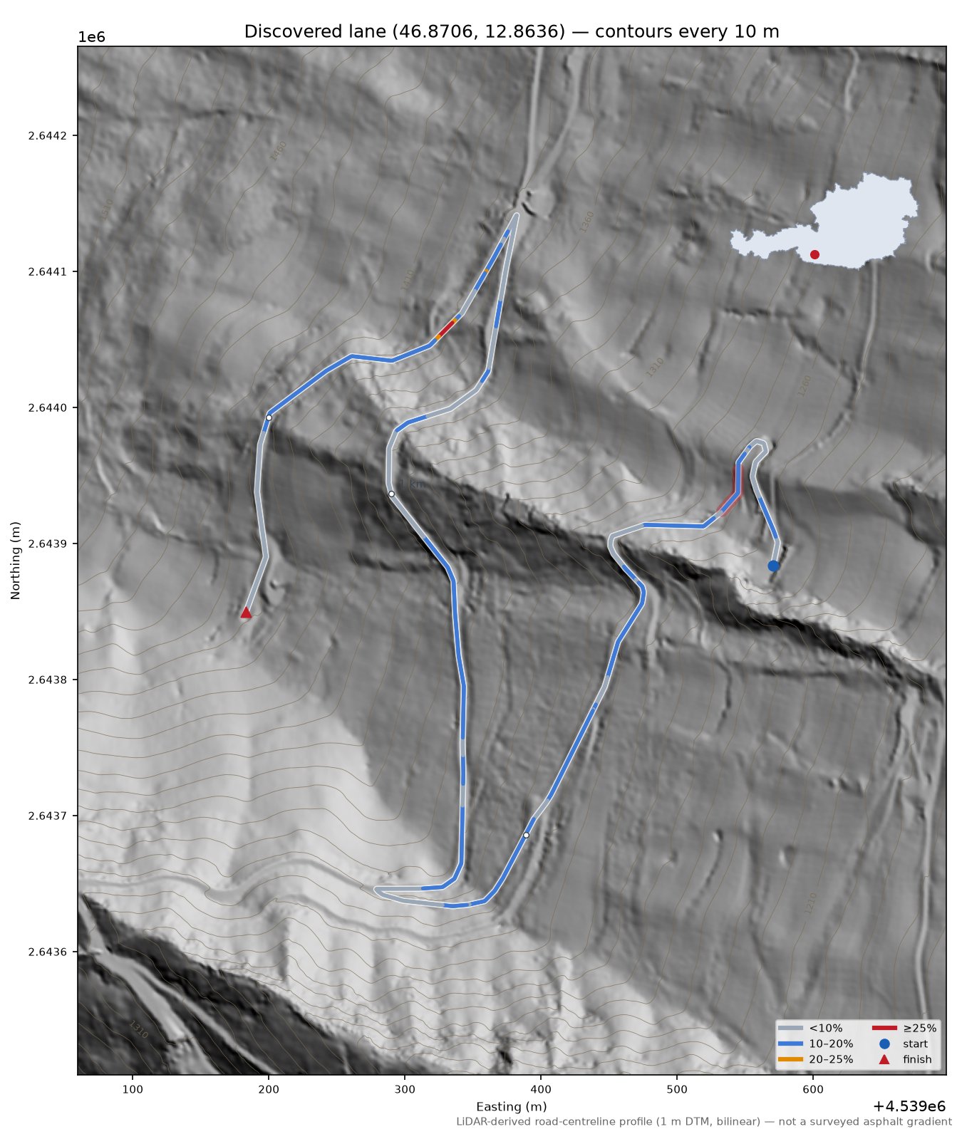 Discovered lane (46.8706, 12.8636) LiDAR hillshade map with contours