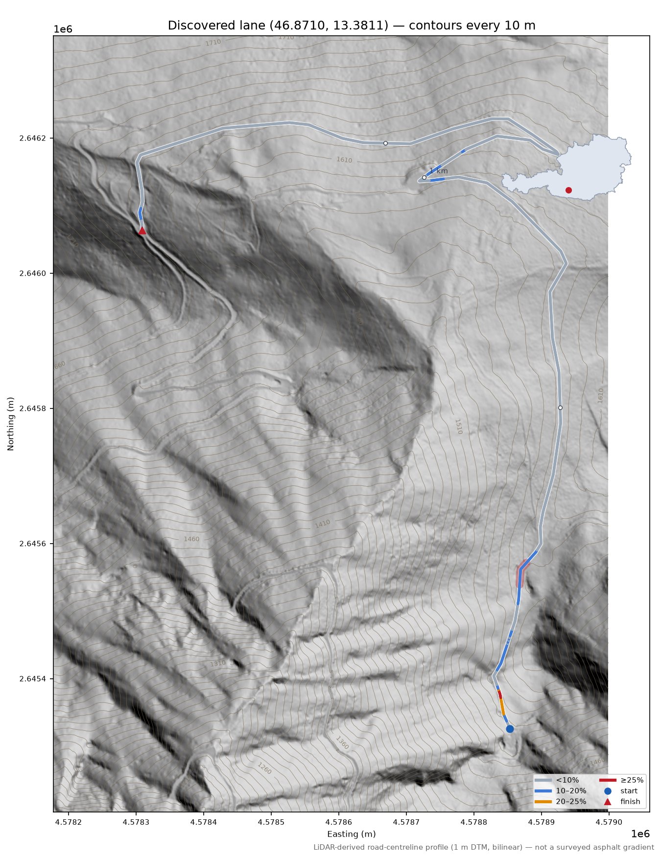Discovered lane (46.8710, 13.3811) LiDAR hillshade map with contours
