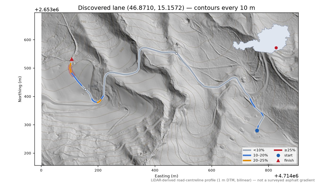 Discovered lane (46.8710, 15.1572) LiDAR hillshade map with contours