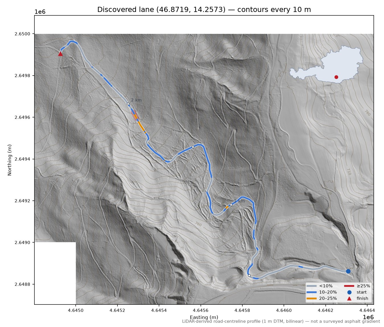 Discovered lane (46.8719, 14.2573) LiDAR hillshade map with contours