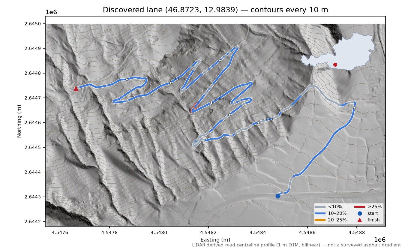Discovered lane (46.8723, 12.9839) LiDAR hillshade map with contours