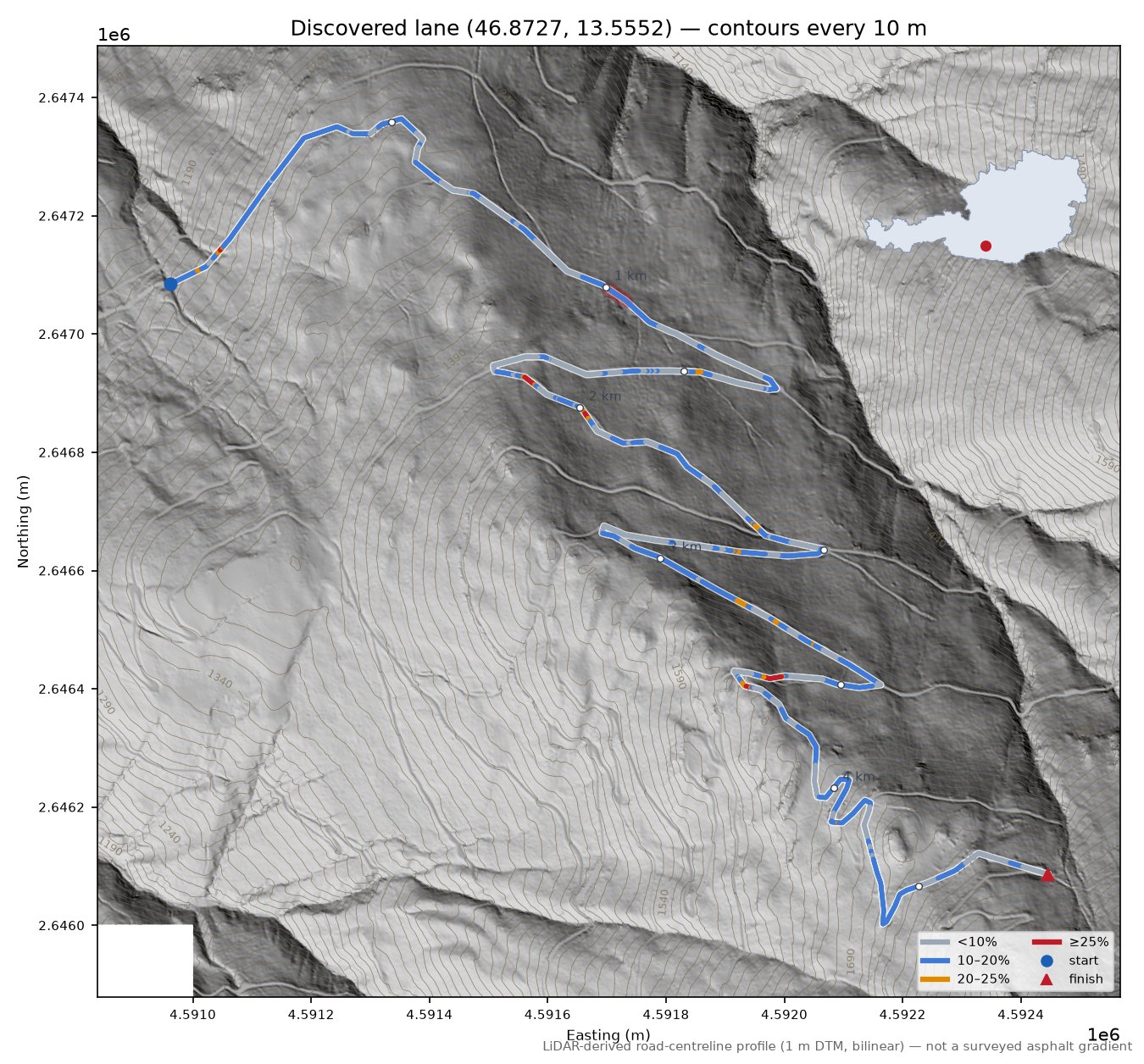 Discovered lane (46.8727, 13.5552) LiDAR hillshade map with contours