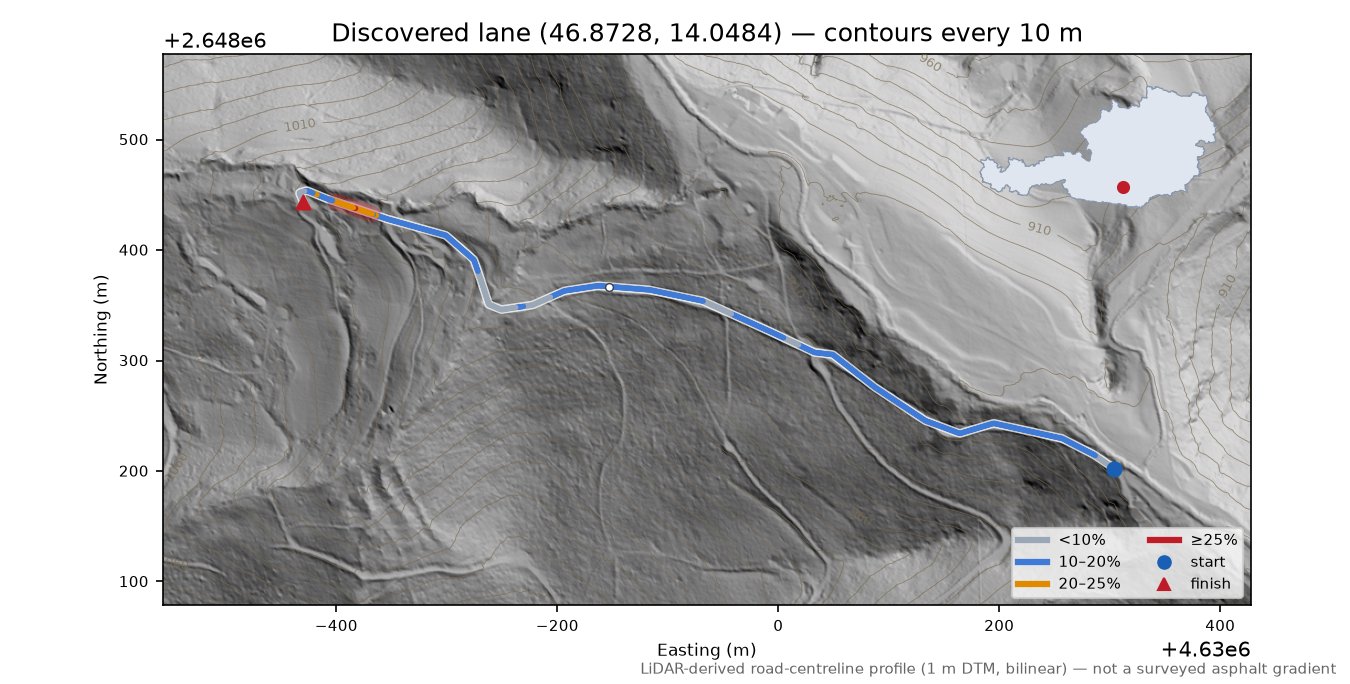 Discovered lane (46.8728, 14.0484) LiDAR hillshade map with contours