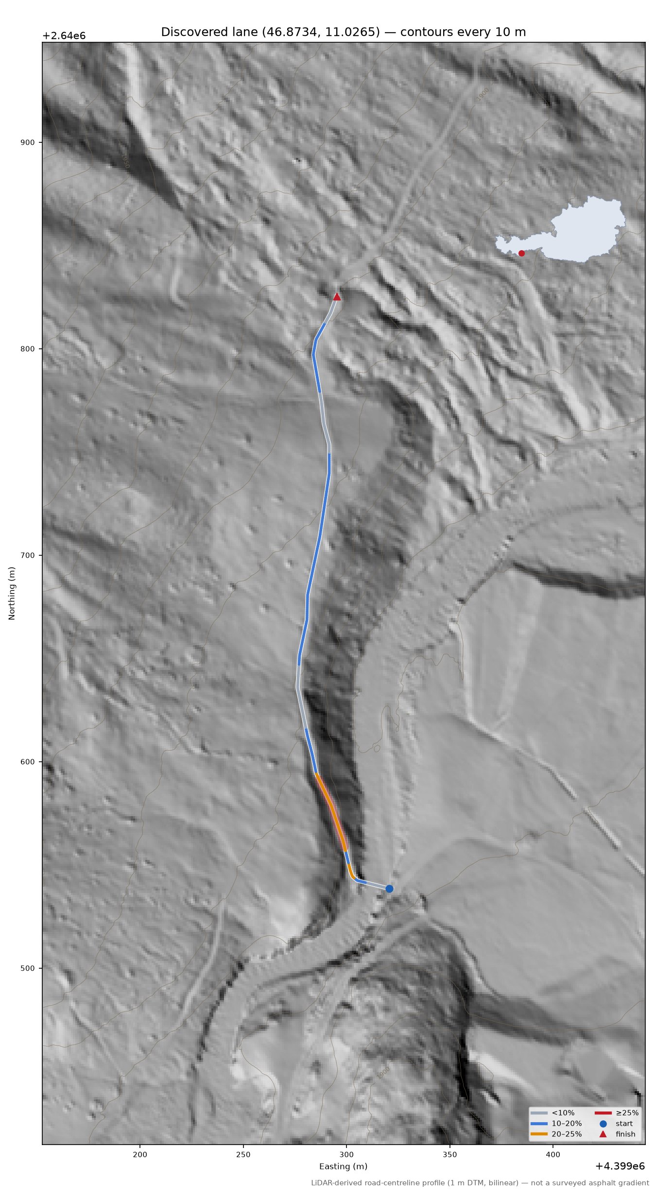 Discovered lane (46.8734, 11.0265) LiDAR hillshade map with contours