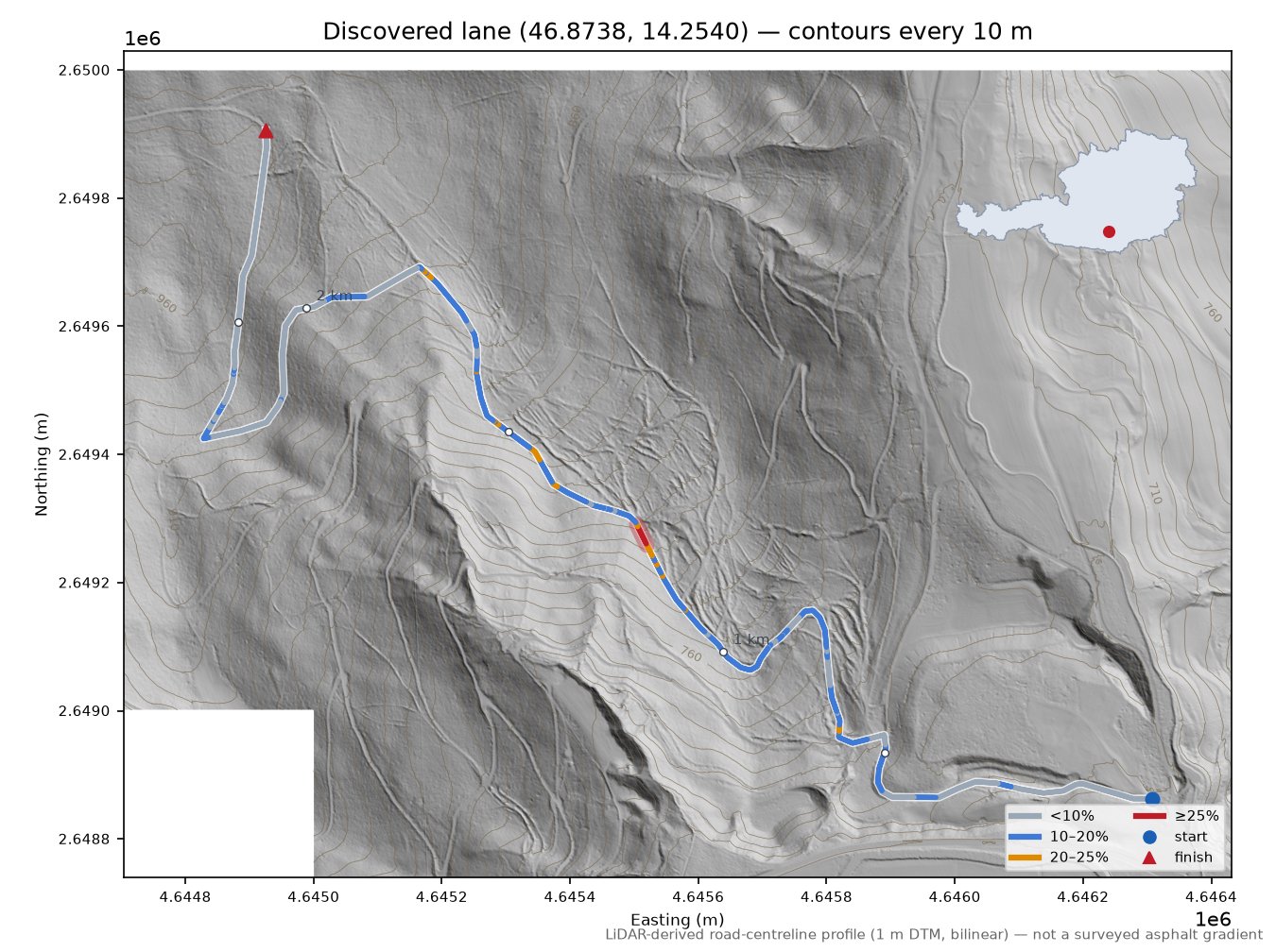 Discovered lane (46.8738, 14.2540) LiDAR hillshade map with contours