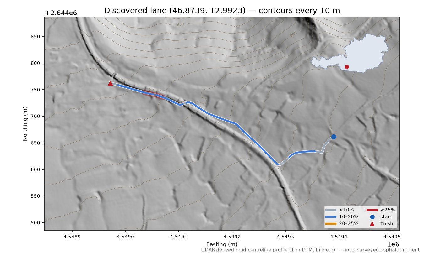 Discovered lane (46.8739, 12.9923) LiDAR hillshade map with contours
