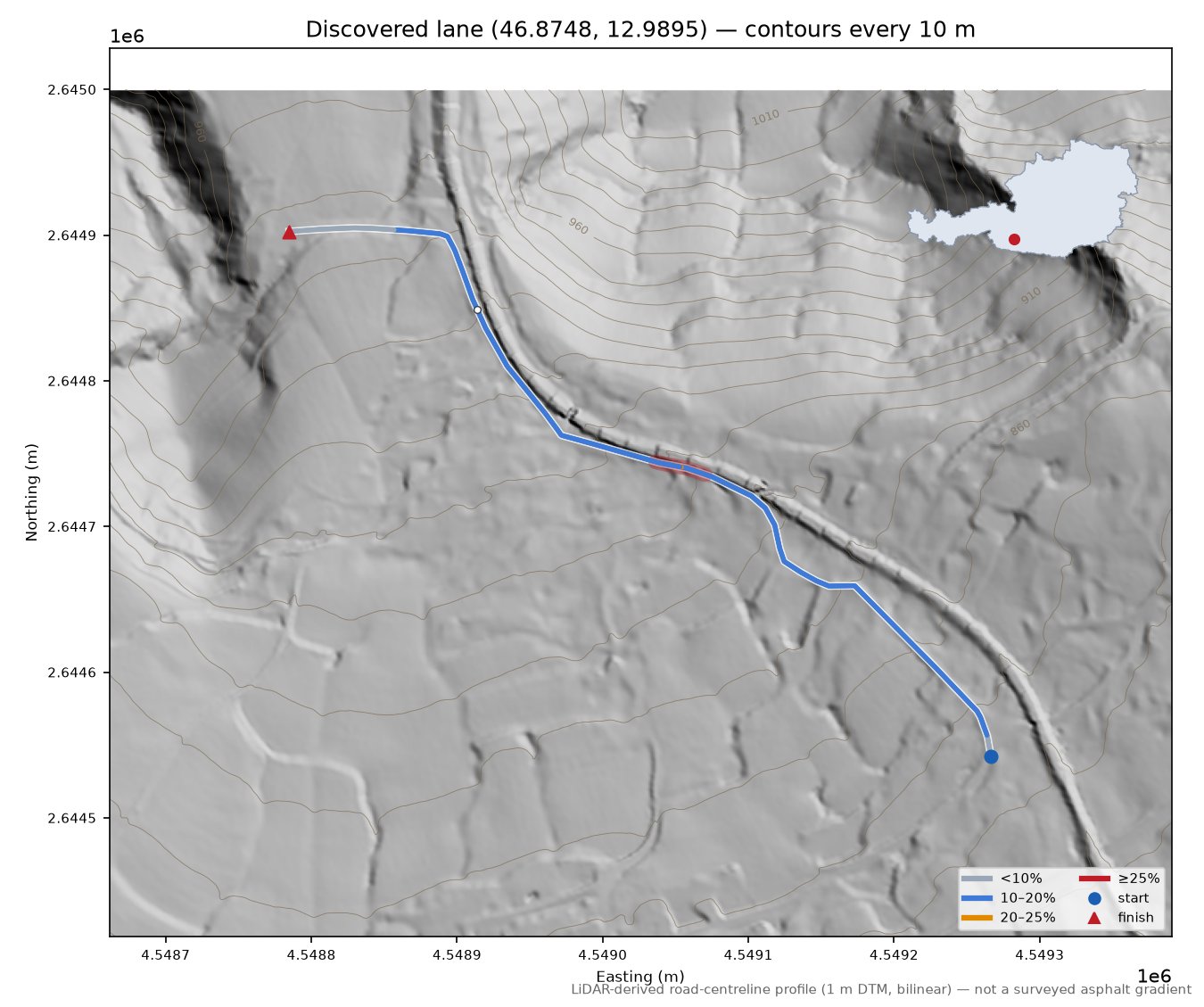 Discovered lane (46.8748, 12.9895) LiDAR hillshade map with contours