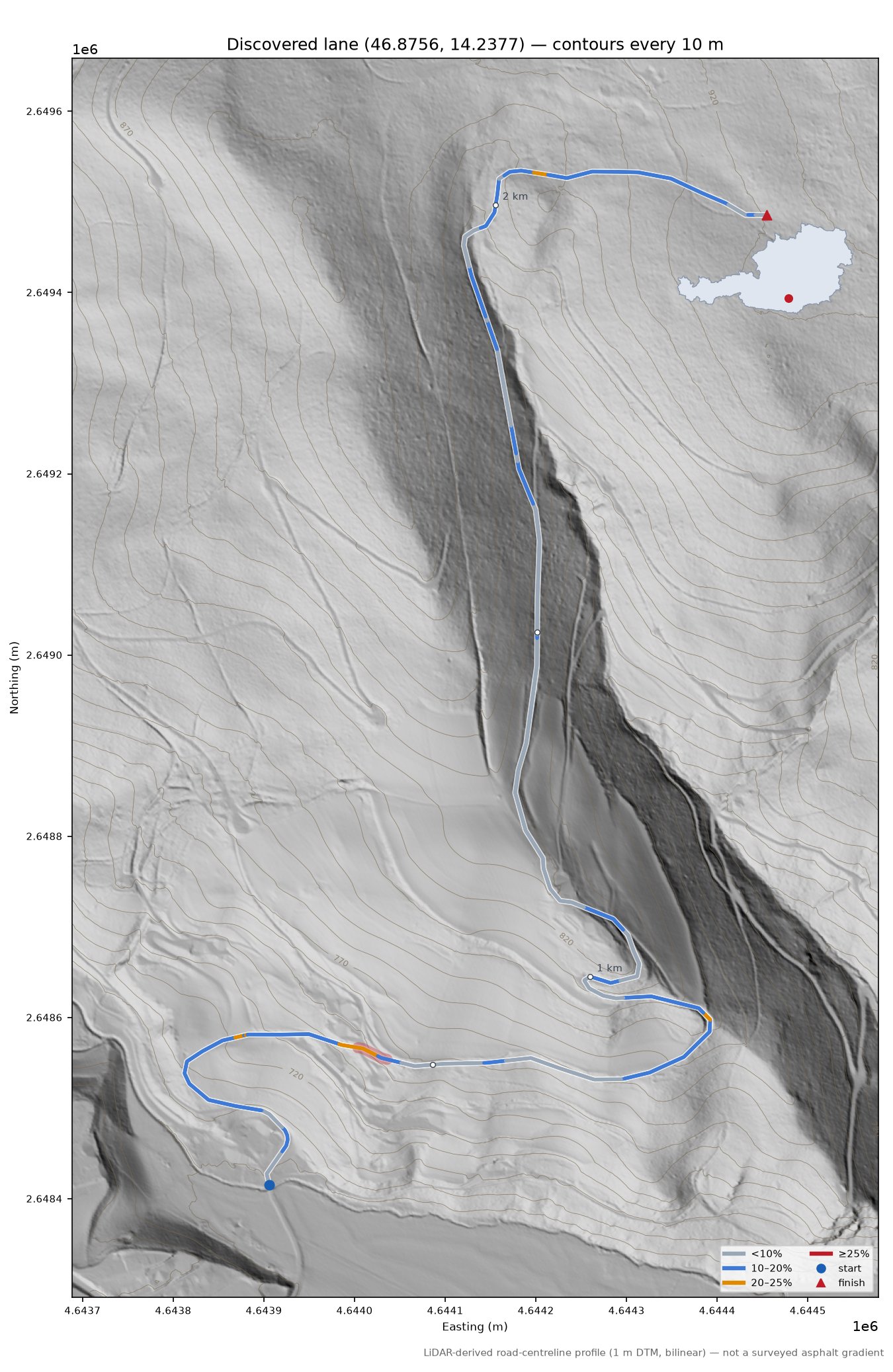 Discovered lane (46.8756, 14.2377) LiDAR hillshade map with contours
