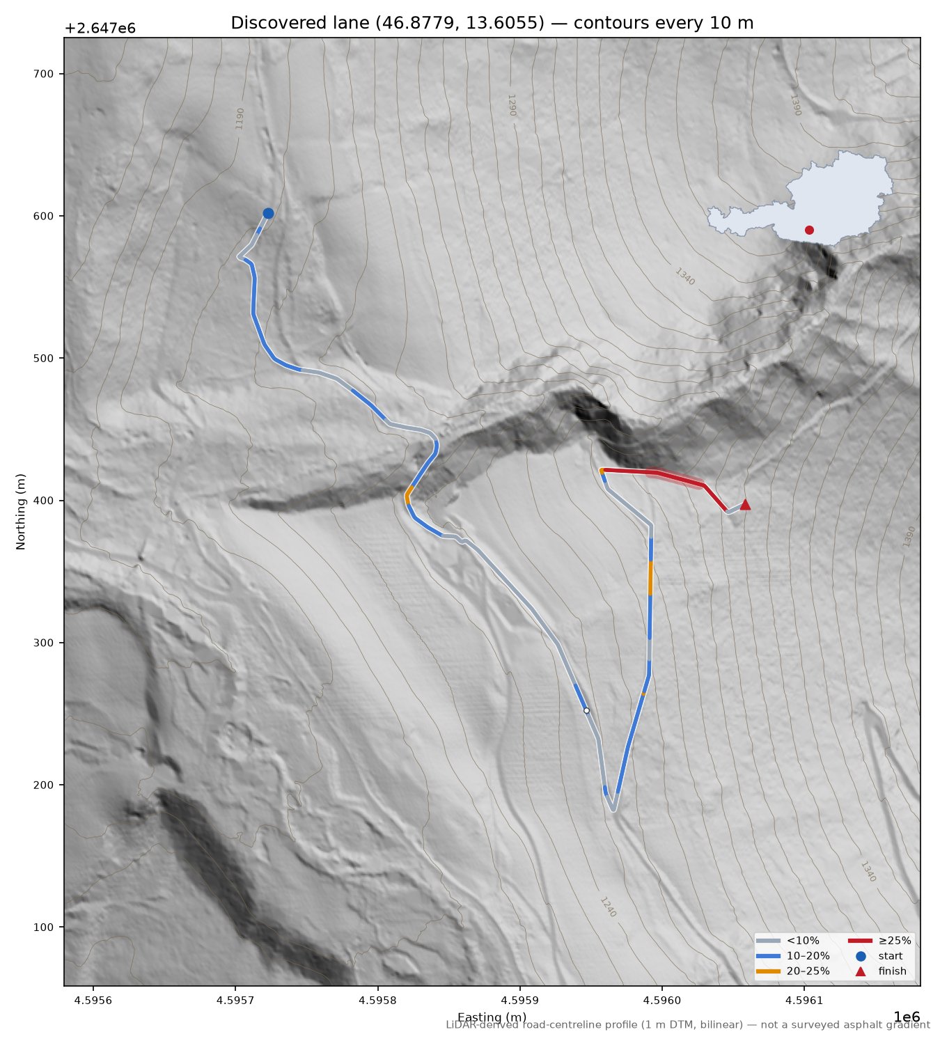 Discovered lane (46.8779, 13.6055) LiDAR hillshade map with contours