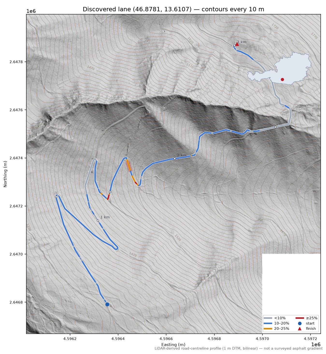 Discovered lane (46.8781, 13.6107) LiDAR hillshade map with contours