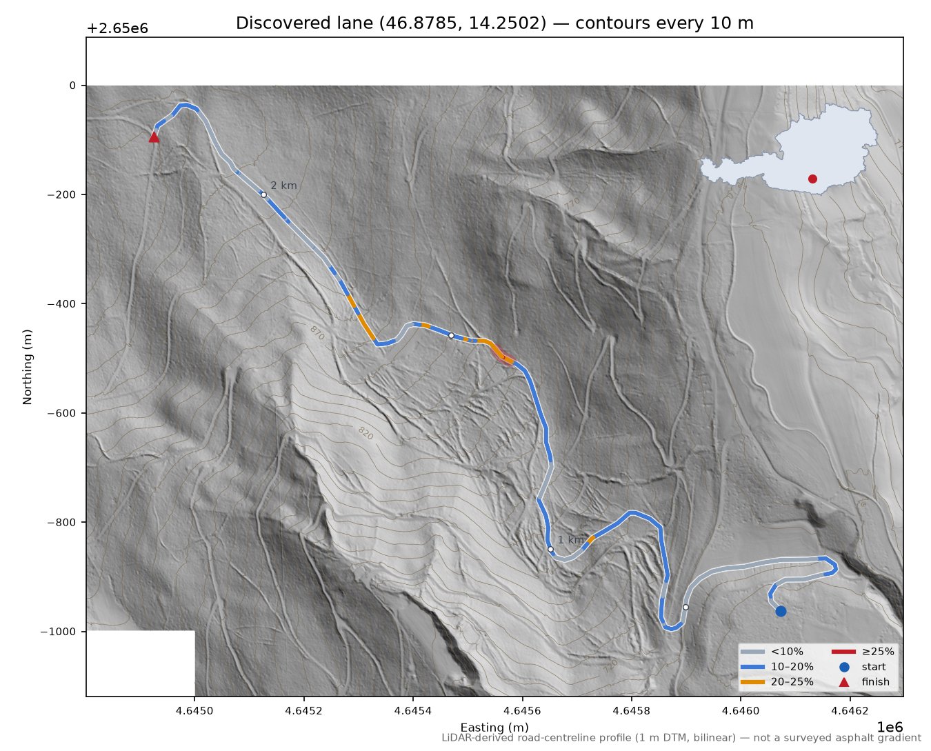 Discovered lane (46.8785, 14.2502) LiDAR hillshade map with contours