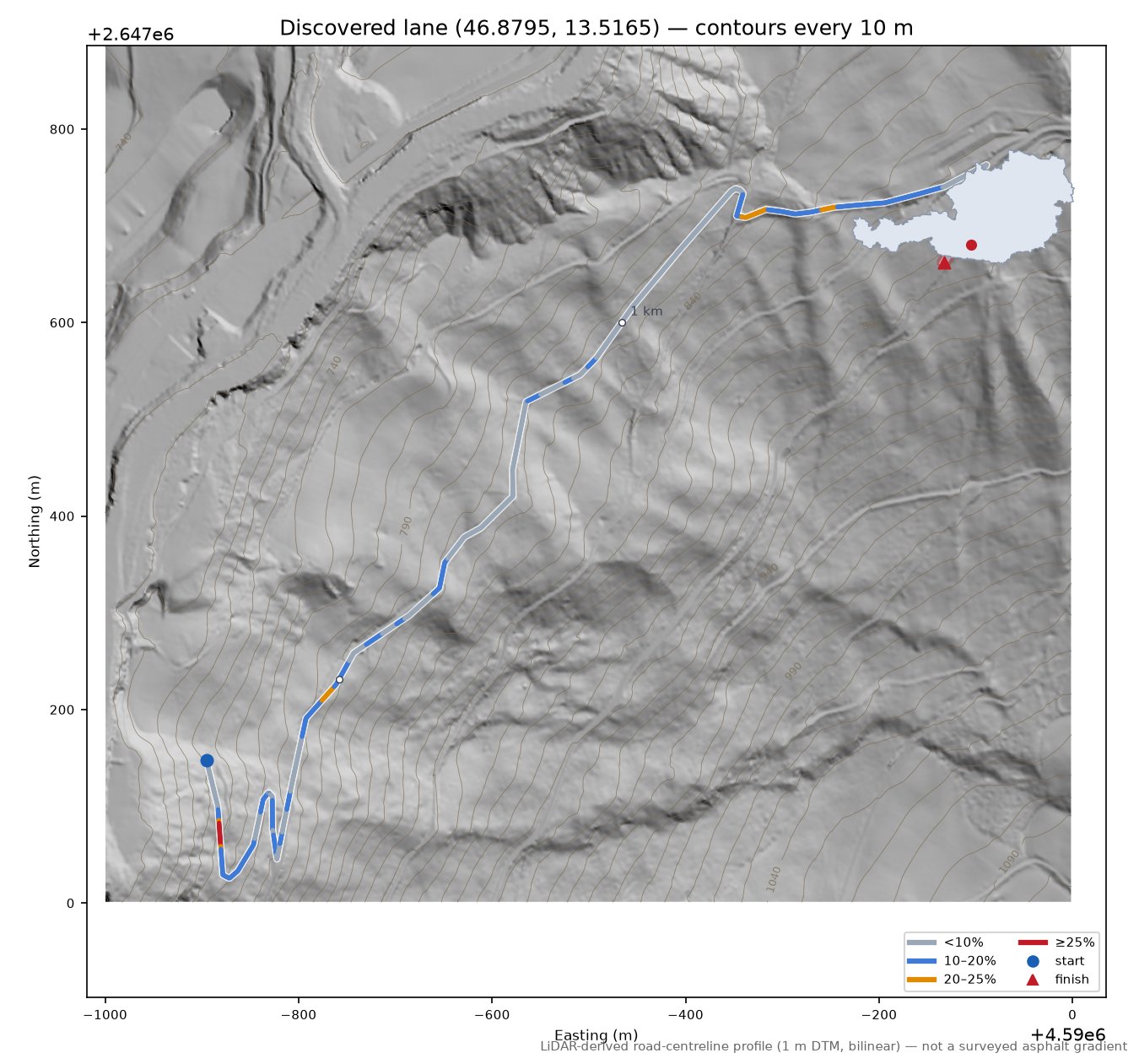 Discovered lane (46.8795, 13.5165) LiDAR hillshade map with contours