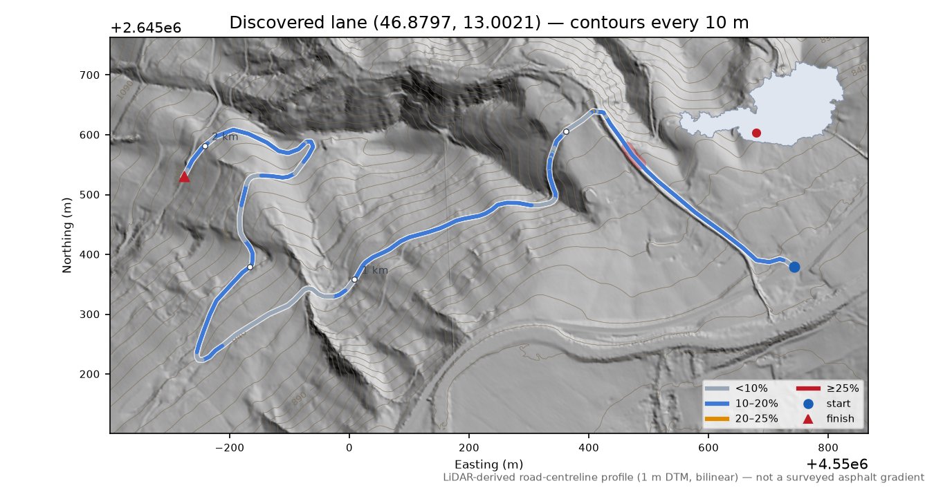 Discovered lane (46.8797, 13.0021) LiDAR hillshade map with contours