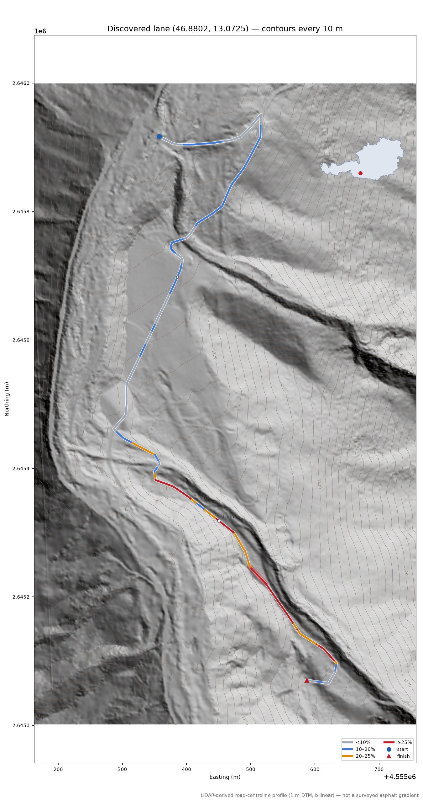 Discovered lane (46.8802, 13.0725) LiDAR hillshade map with contours