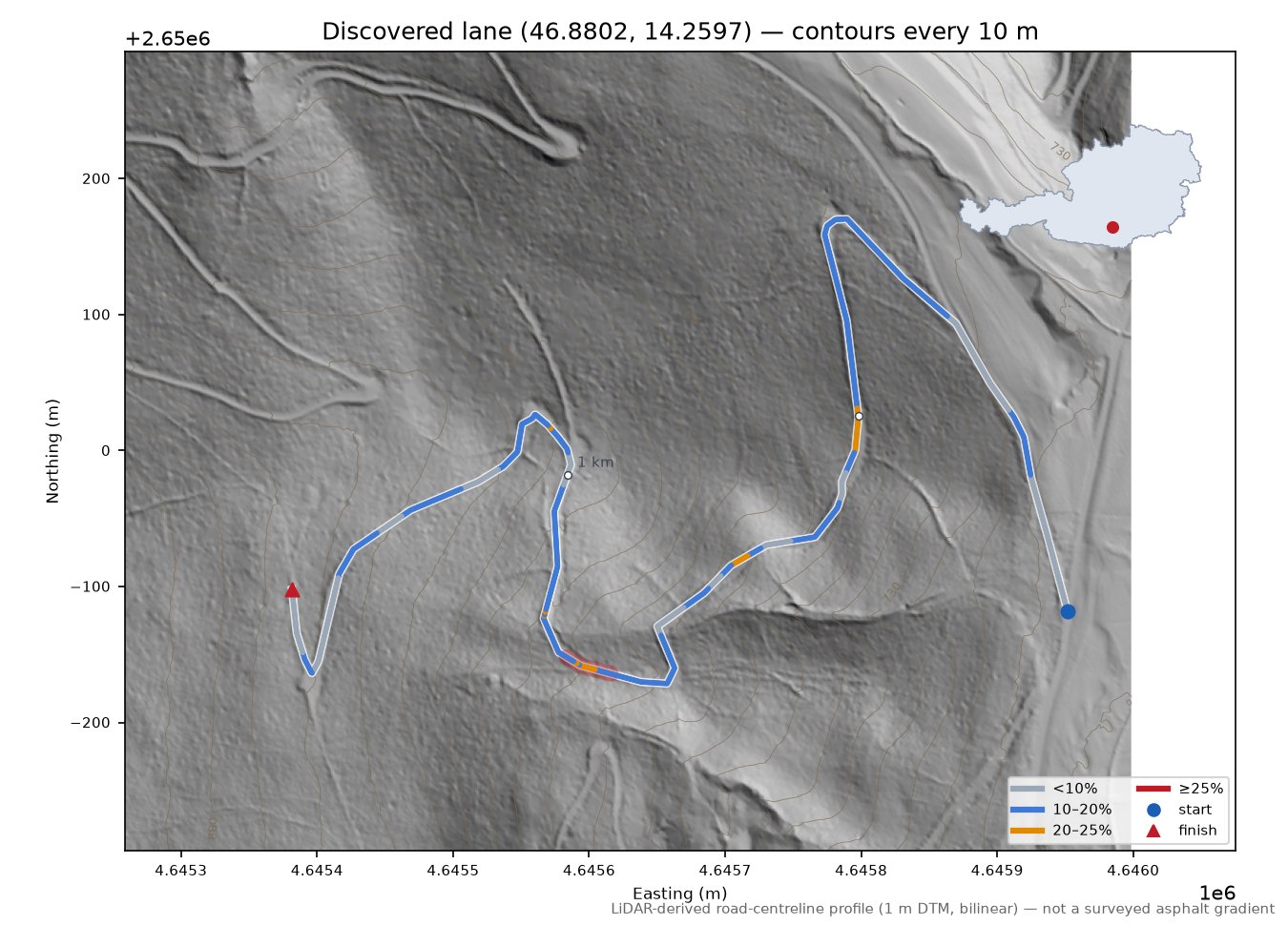 Discovered lane (46.8802, 14.2597) LiDAR hillshade map with contours
