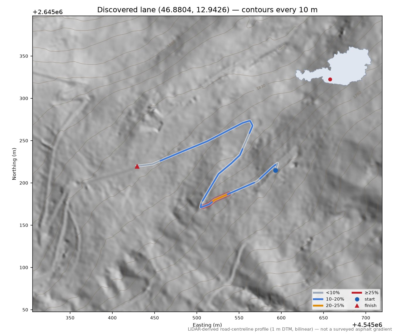 Discovered lane (46.8804, 12.9426) LiDAR hillshade map with contours