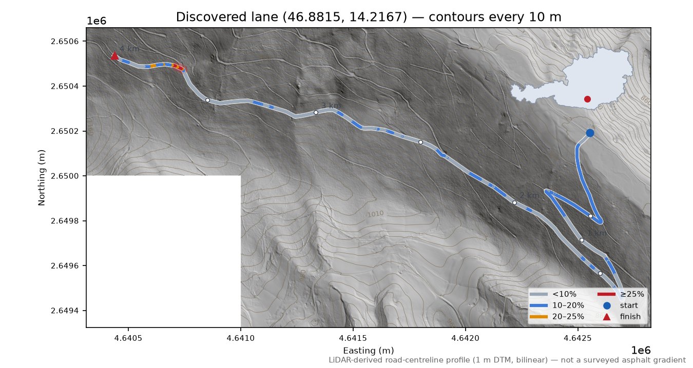 Discovered lane (46.8815, 14.2167) LiDAR hillshade map with contours