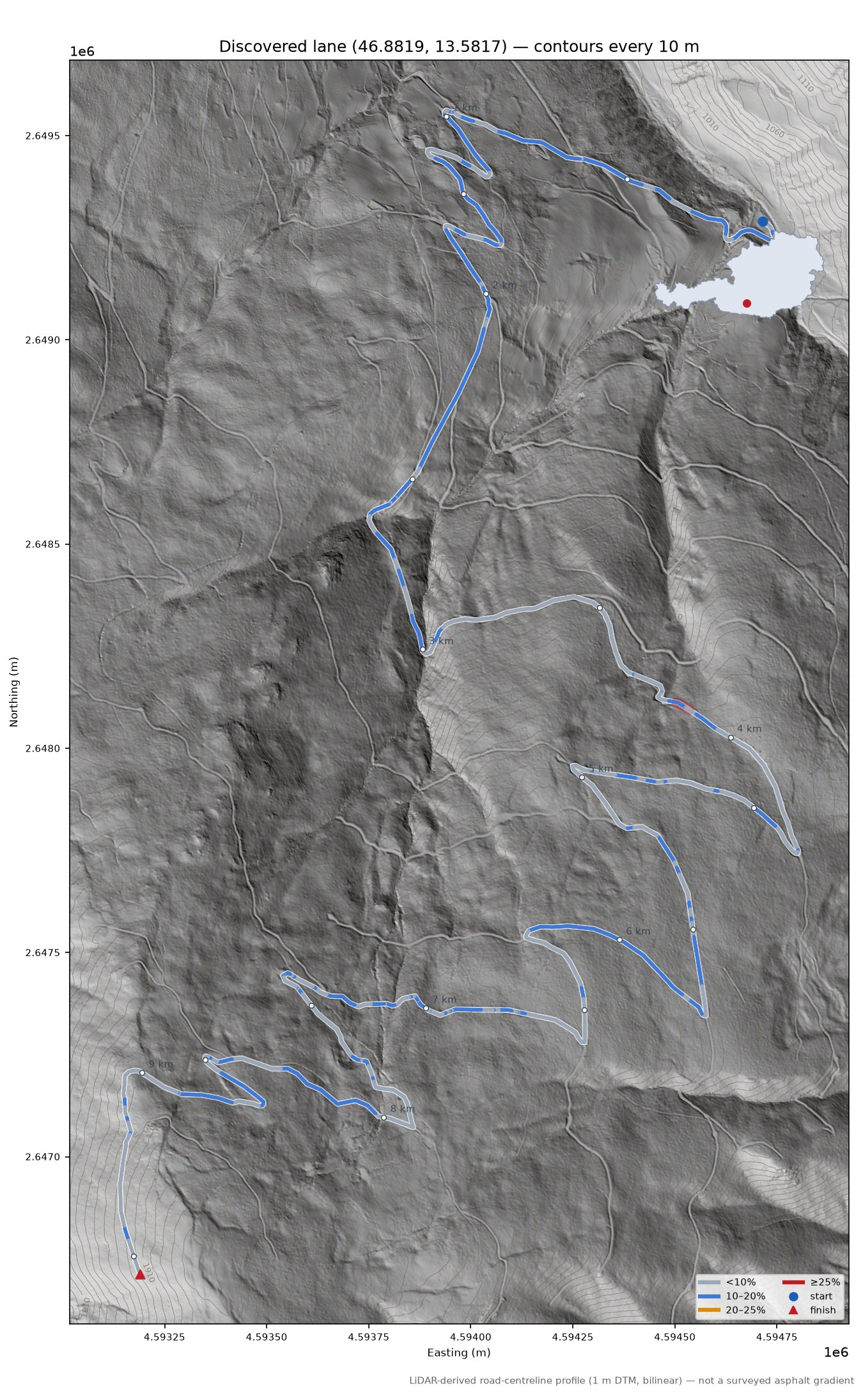 Discovered lane (46.8819, 13.5817) LiDAR hillshade map with contours
