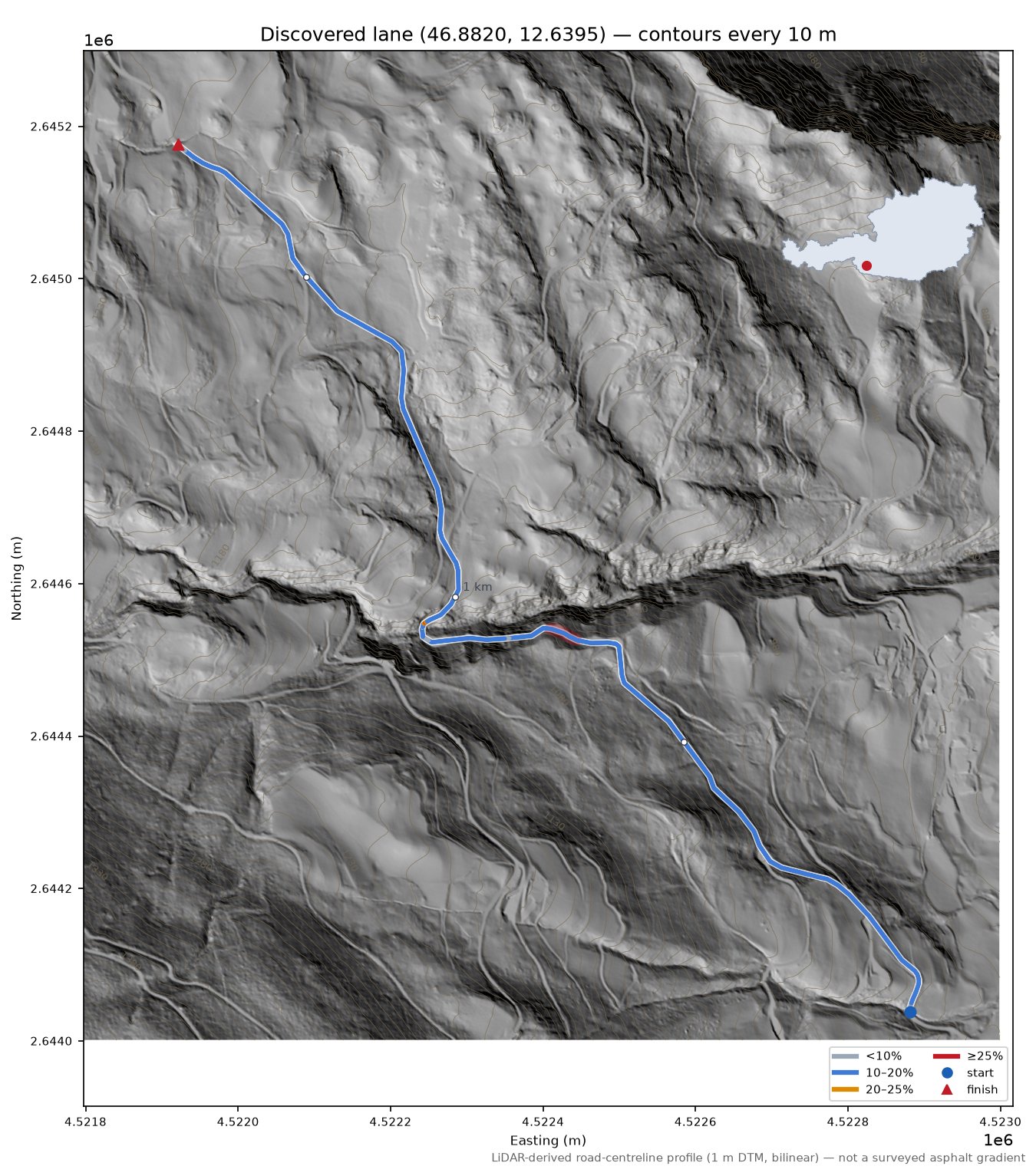 Discovered lane (46.8820, 12.6395) LiDAR hillshade map with contours