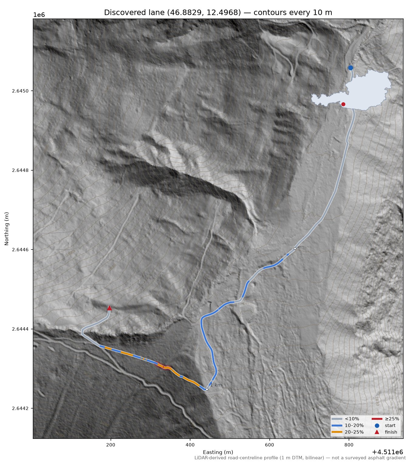 Discovered lane (46.8829, 12.4968) LiDAR hillshade map with contours