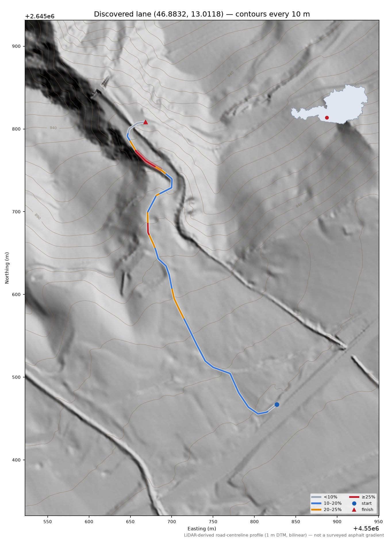 Discovered lane (46.8832, 13.0118) LiDAR hillshade map with contours
