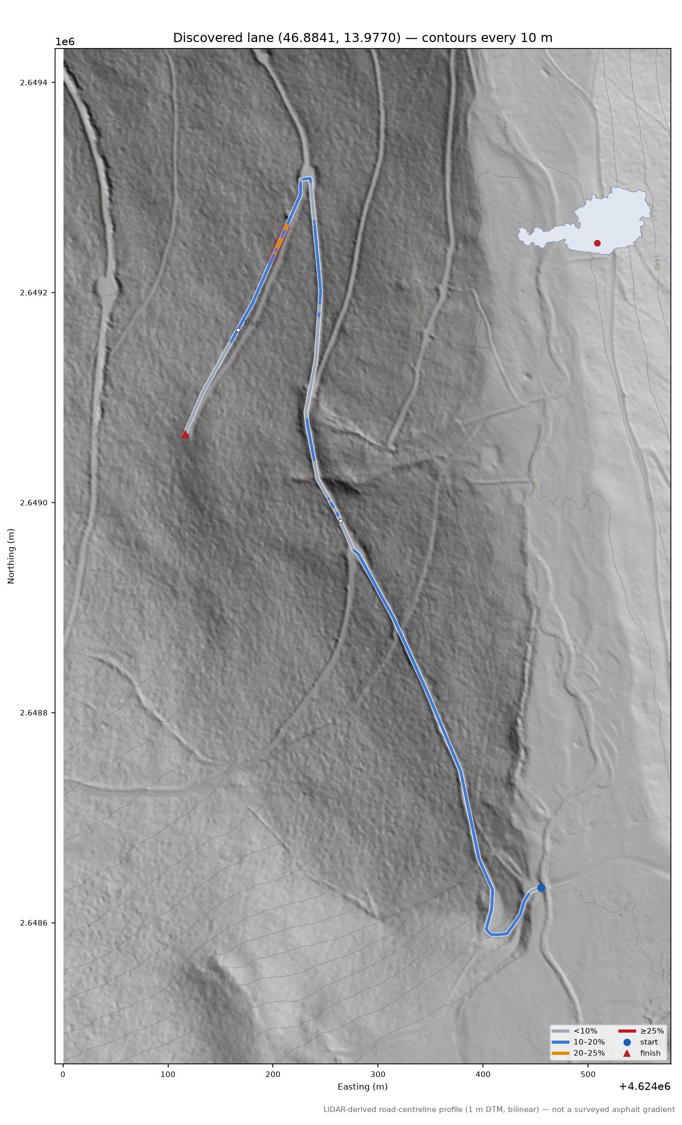 Discovered lane (46.8841, 13.9770) LiDAR hillshade map with contours