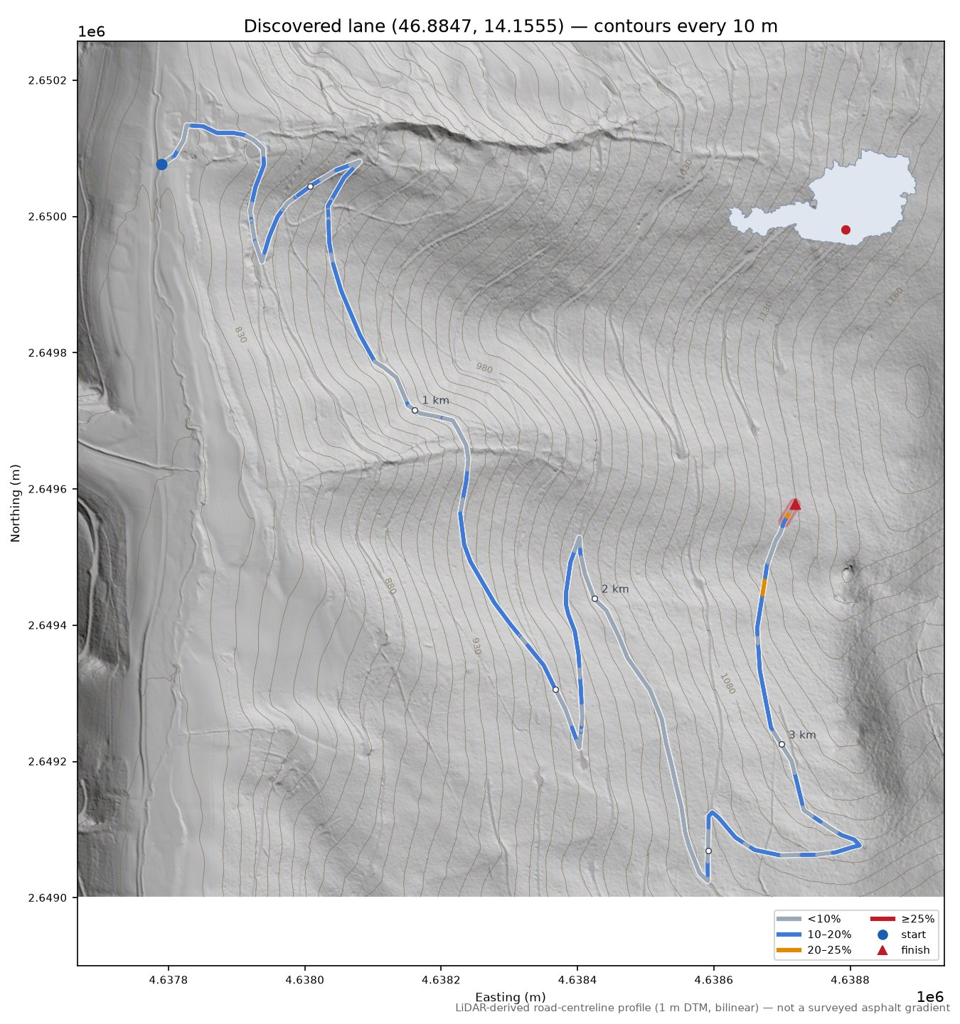 Discovered lane (46.8847, 14.1555) LiDAR hillshade map with contours