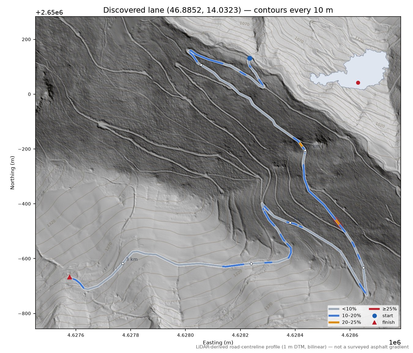 Discovered lane (46.8852, 14.0323) LiDAR hillshade map with contours
