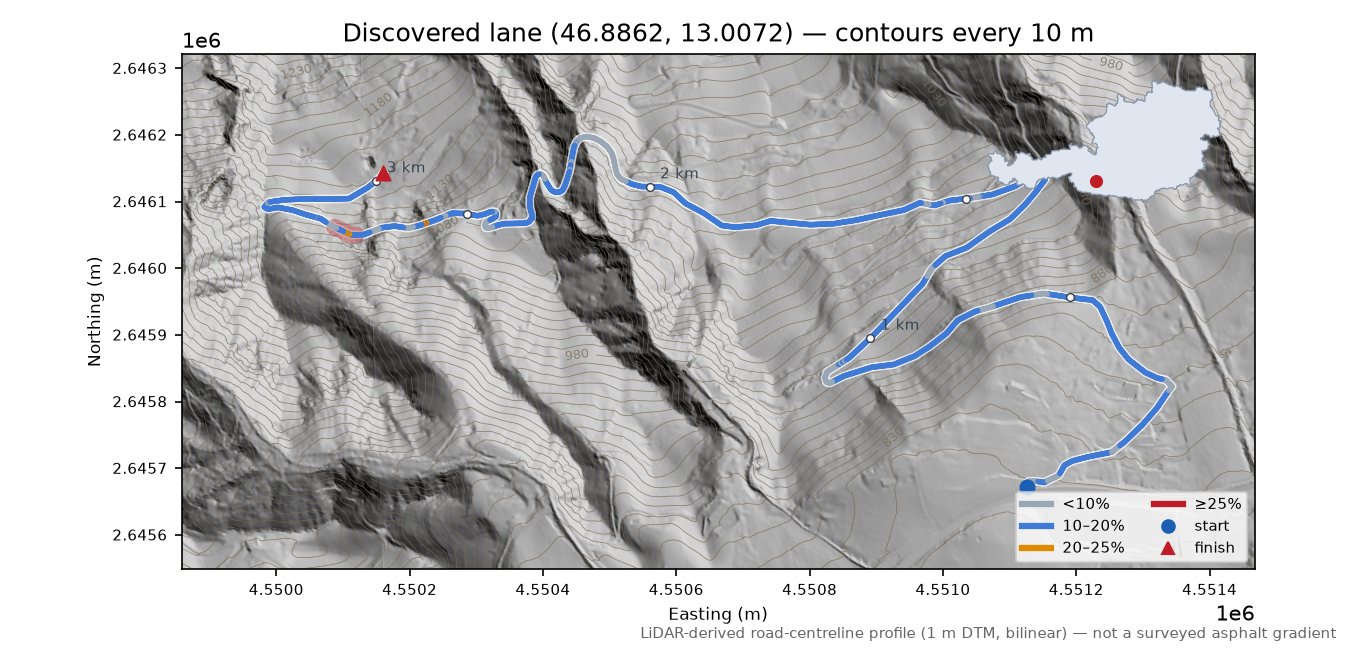 Discovered lane (46.8862, 13.0072) LiDAR hillshade map with contours