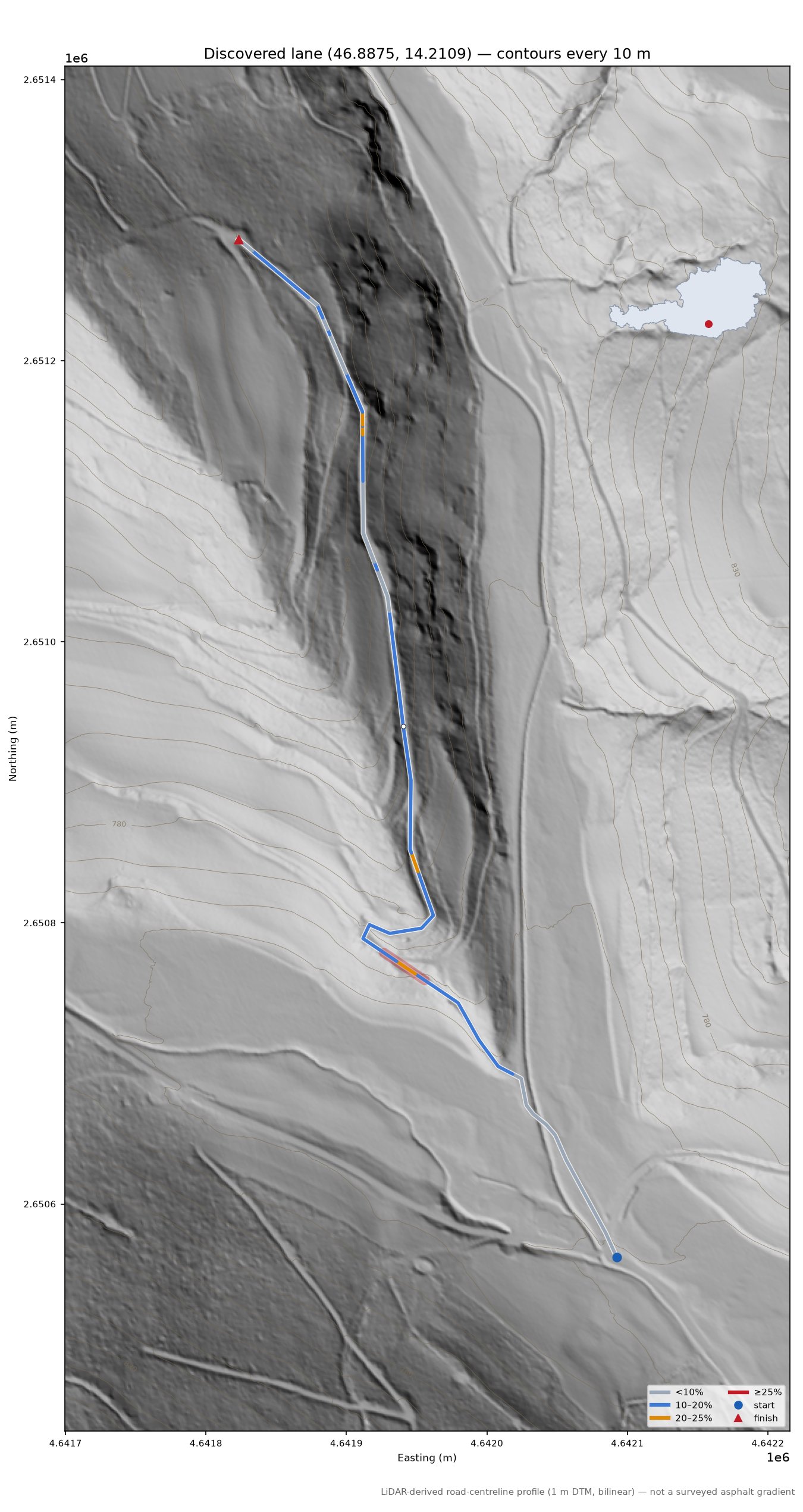Discovered lane (46.8875, 14.2109) LiDAR hillshade map with contours