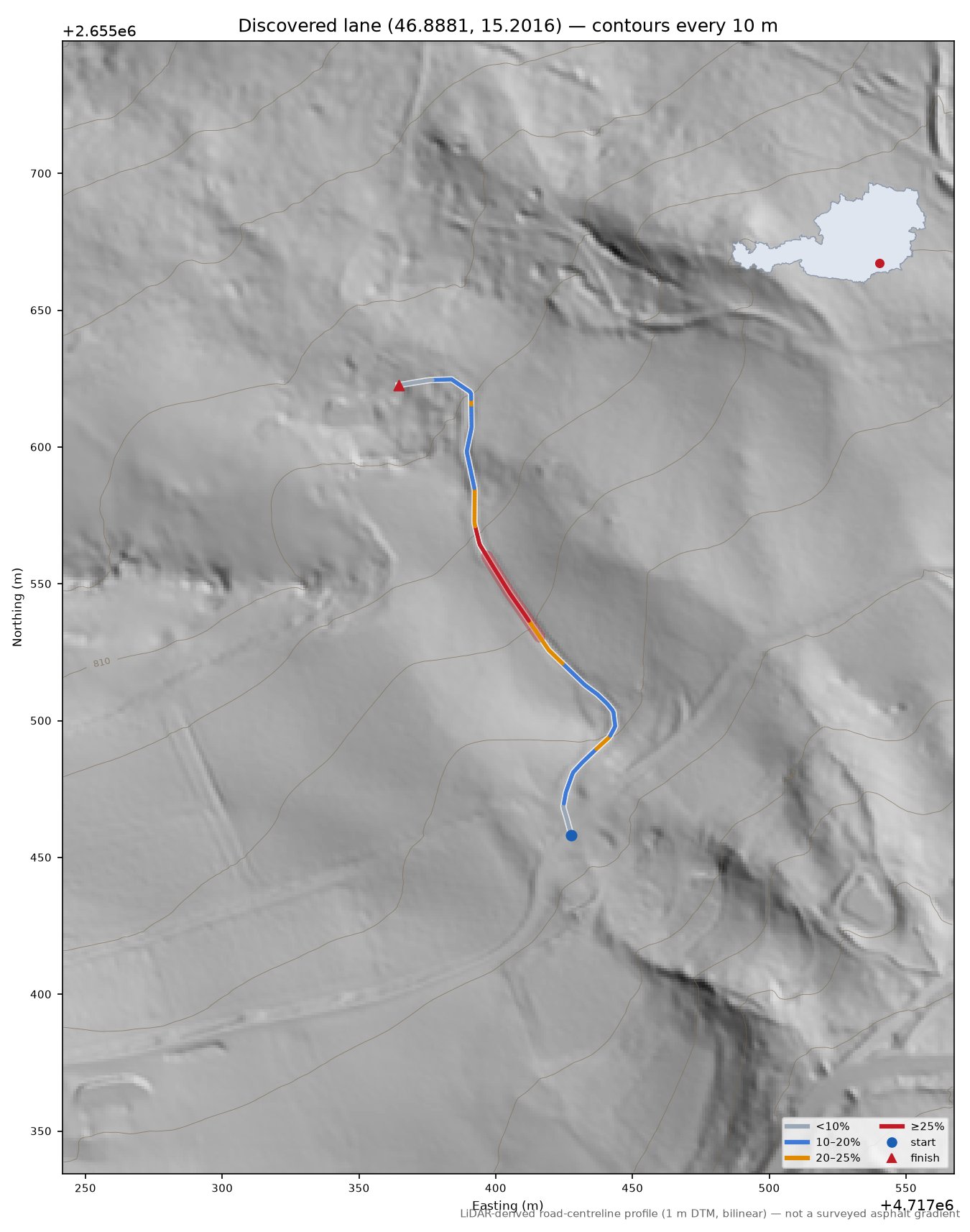 Discovered lane (46.8881, 15.2016) LiDAR hillshade map with contours