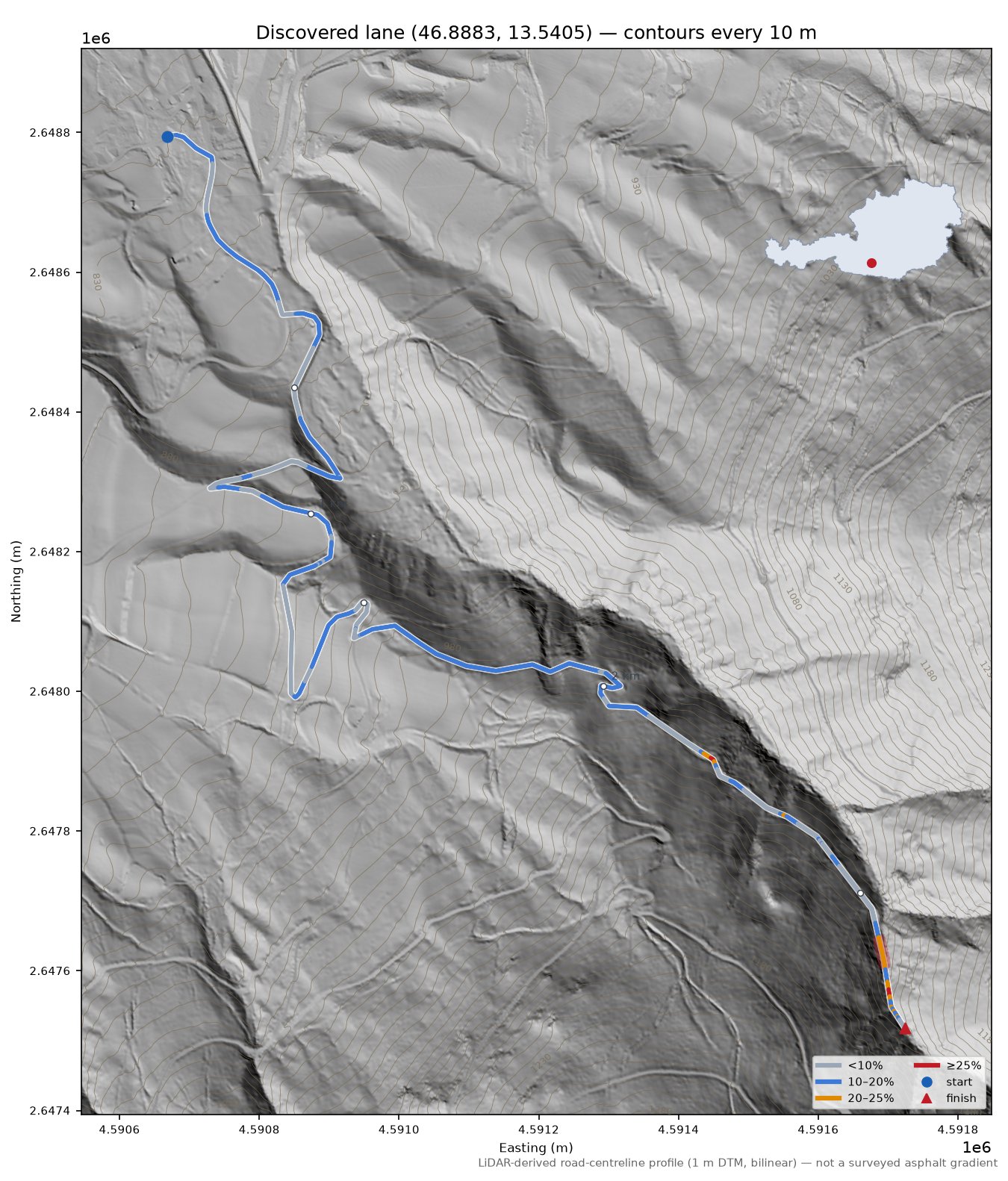 Discovered lane (46.8883, 13.5405) LiDAR hillshade map with contours