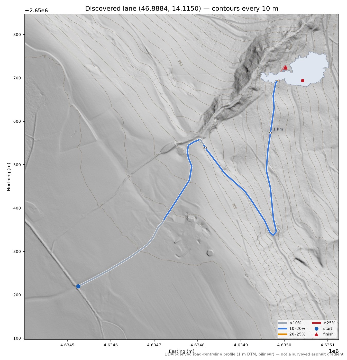 Discovered lane (46.8884, 14.1150) LiDAR hillshade map with contours