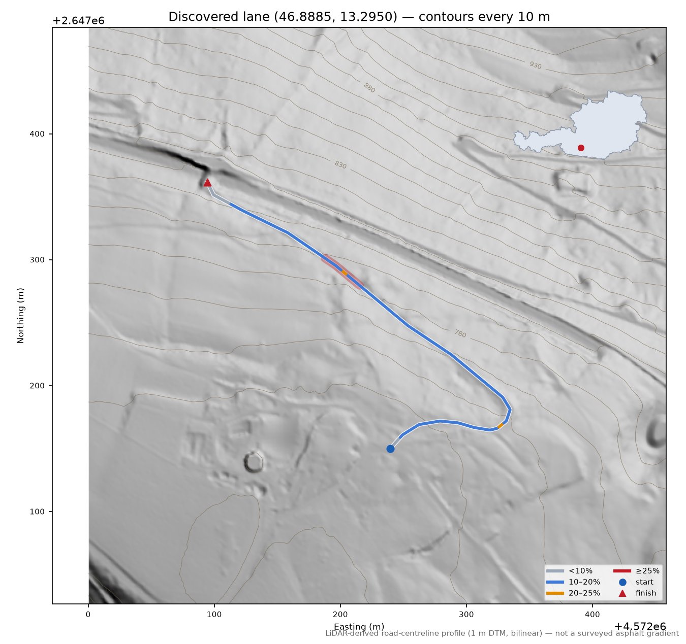 Discovered lane (46.8885, 13.2950) LiDAR hillshade map with contours