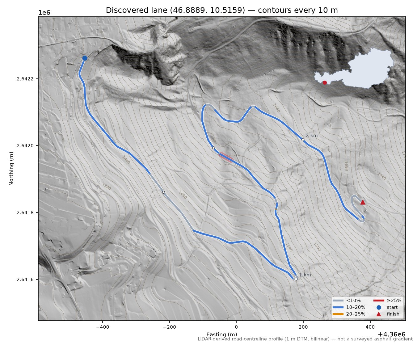 Discovered lane (46.8889, 10.5159) LiDAR hillshade map with contours