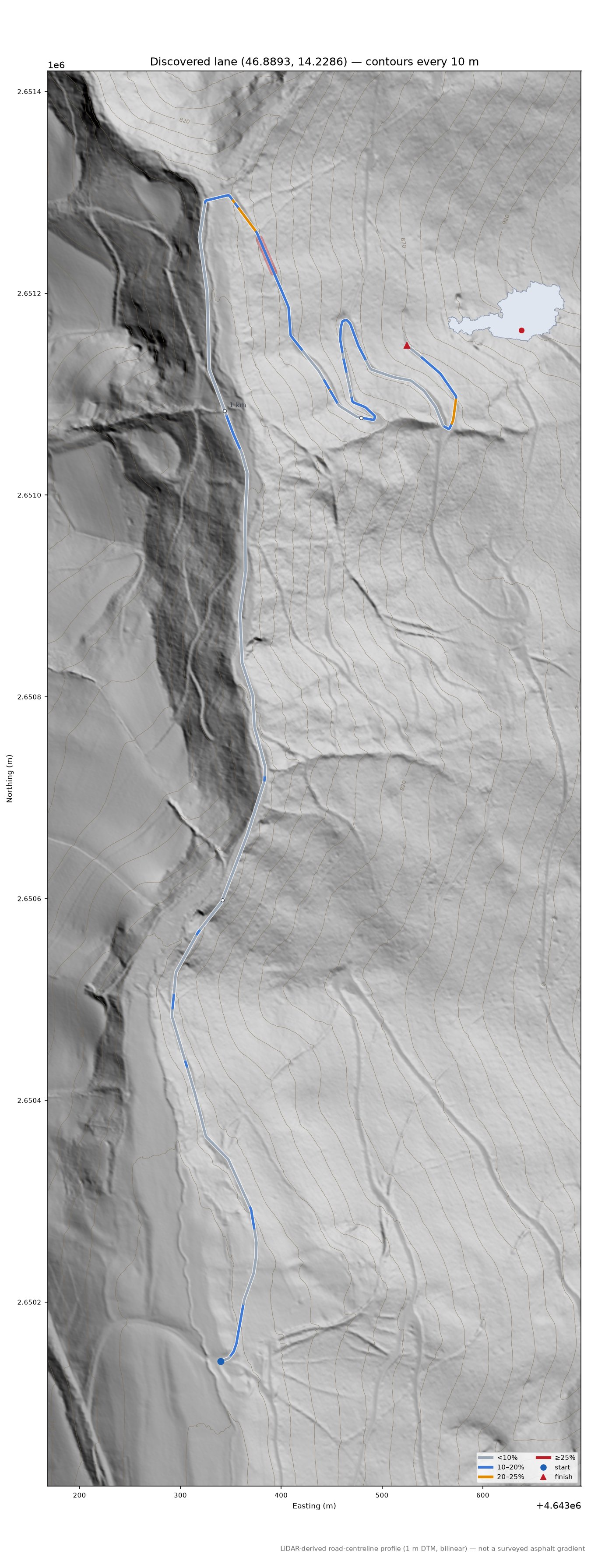 Discovered lane (46.8893, 14.2286) LiDAR hillshade map with contours