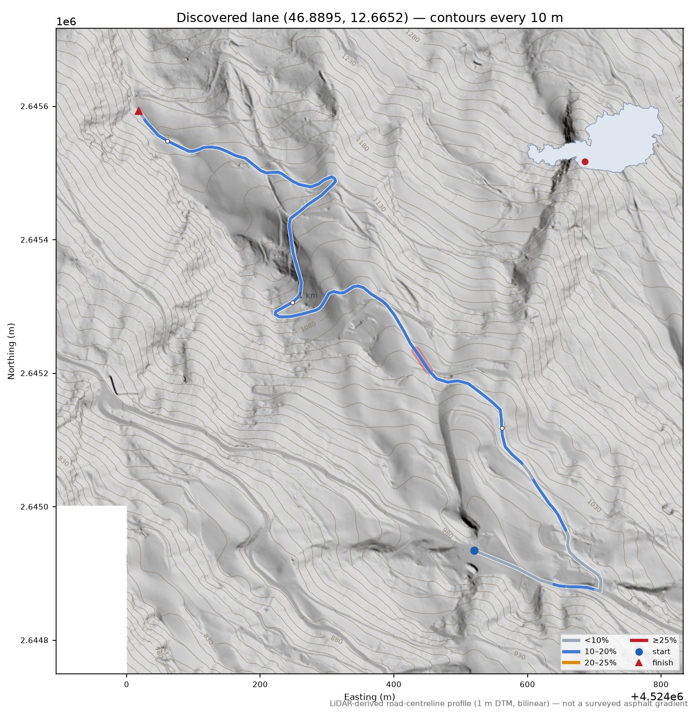 Discovered lane (46.8895, 12.6652) LiDAR hillshade map with contours