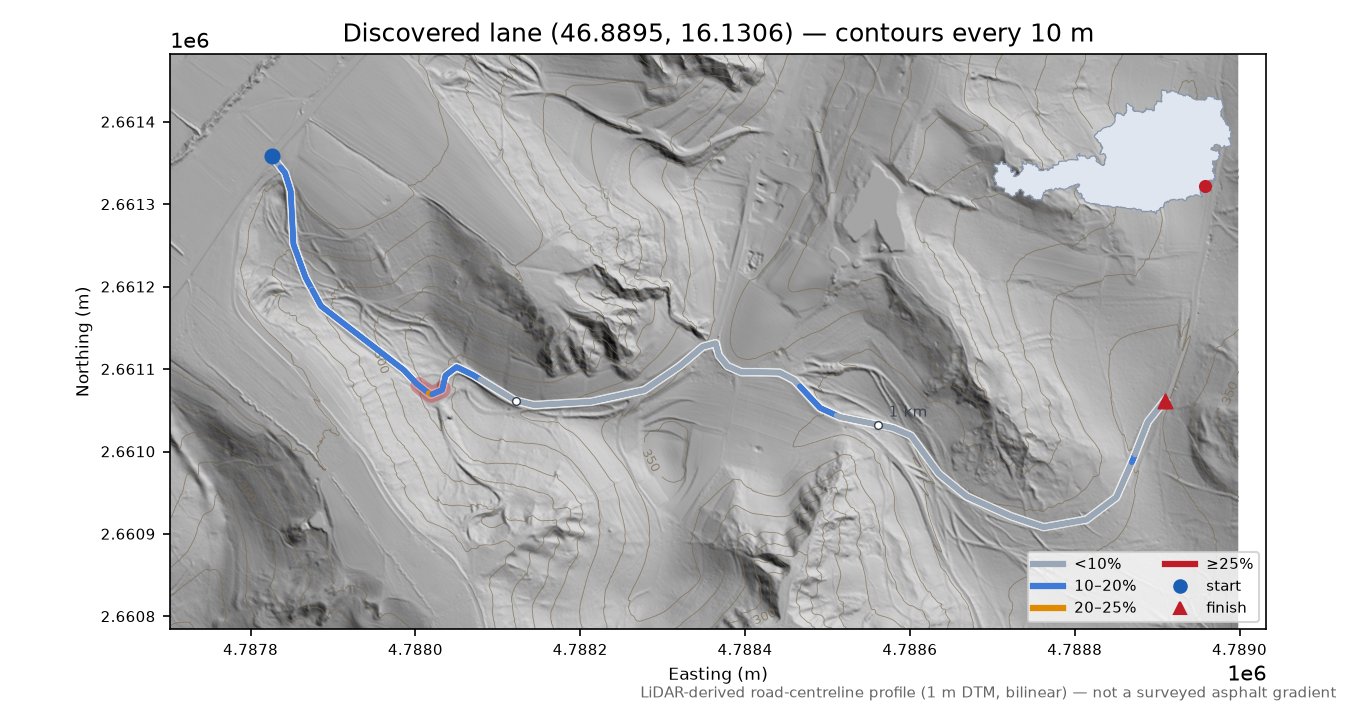 Discovered lane (46.8895, 16.1306) LiDAR hillshade map with contours