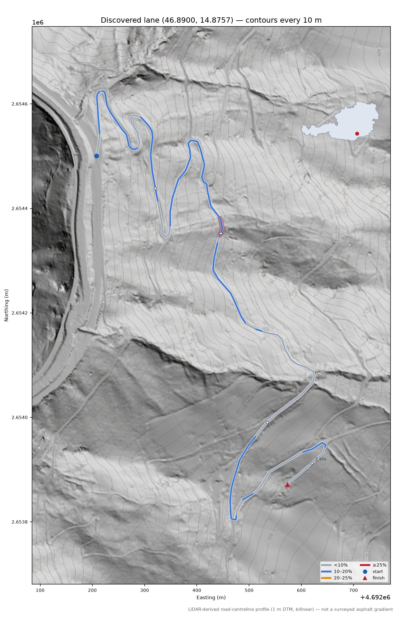Discovered lane (46.8900, 14.8757) LiDAR hillshade map with contours