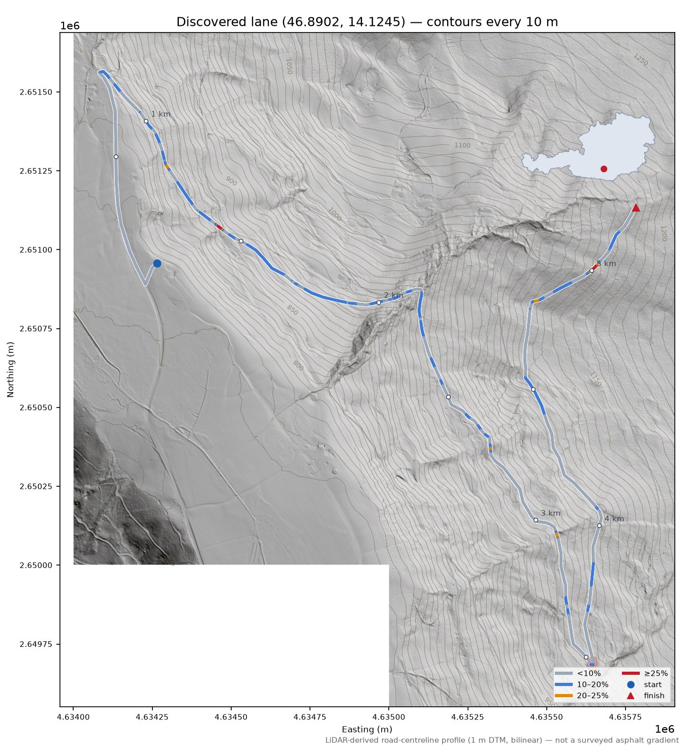 Discovered lane (46.8902, 14.1245) LiDAR hillshade map with contours