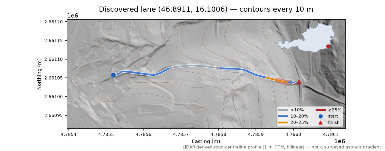 Discovered lane (46.8911, 16.1006) LiDAR hillshade map with contours