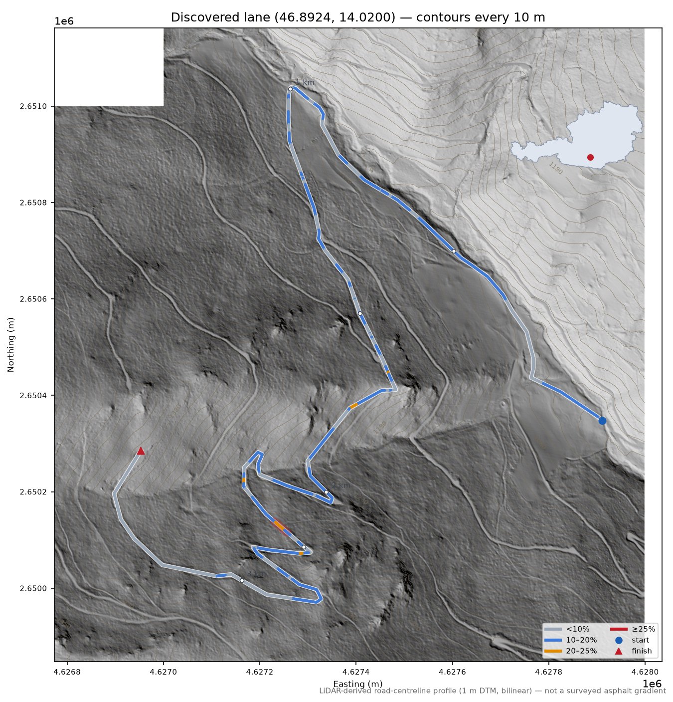 Discovered lane (46.8924, 14.0200) LiDAR hillshade map with contours