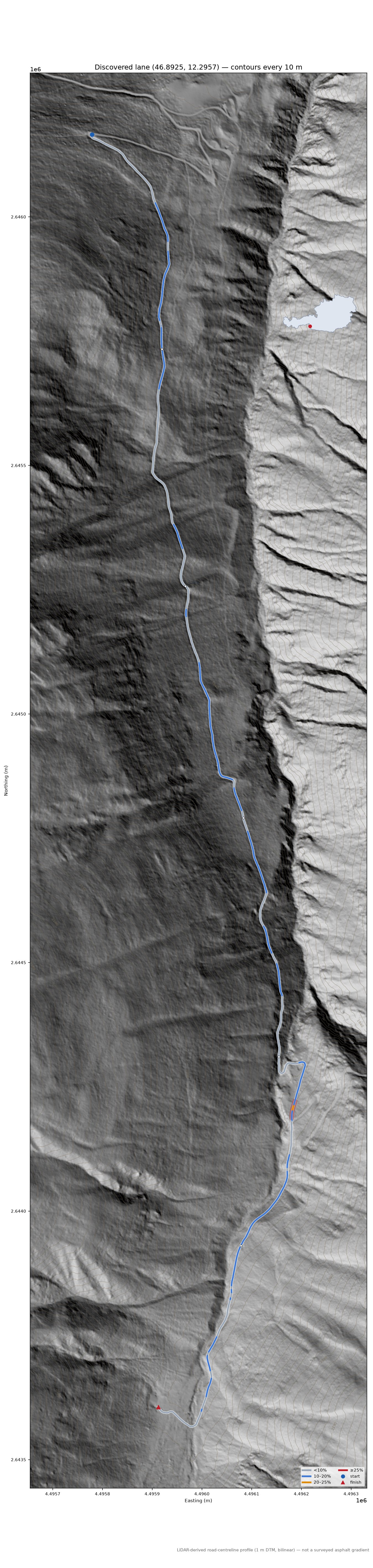 Discovered lane (46.8925, 12.2957) LiDAR hillshade map with contours