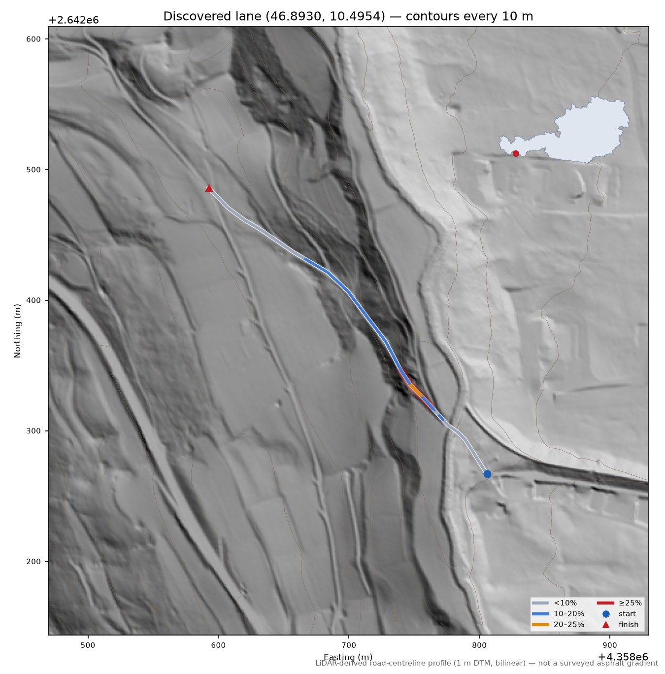 Discovered lane (46.8930, 10.4954) LiDAR hillshade map with contours