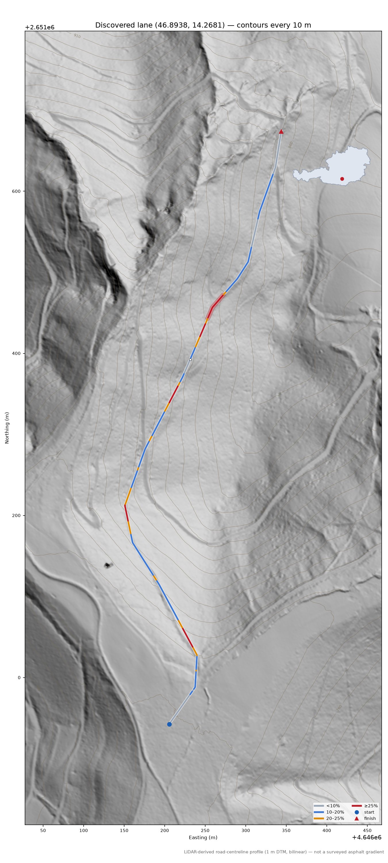 Discovered lane (46.8938, 14.2681) LiDAR hillshade map with contours