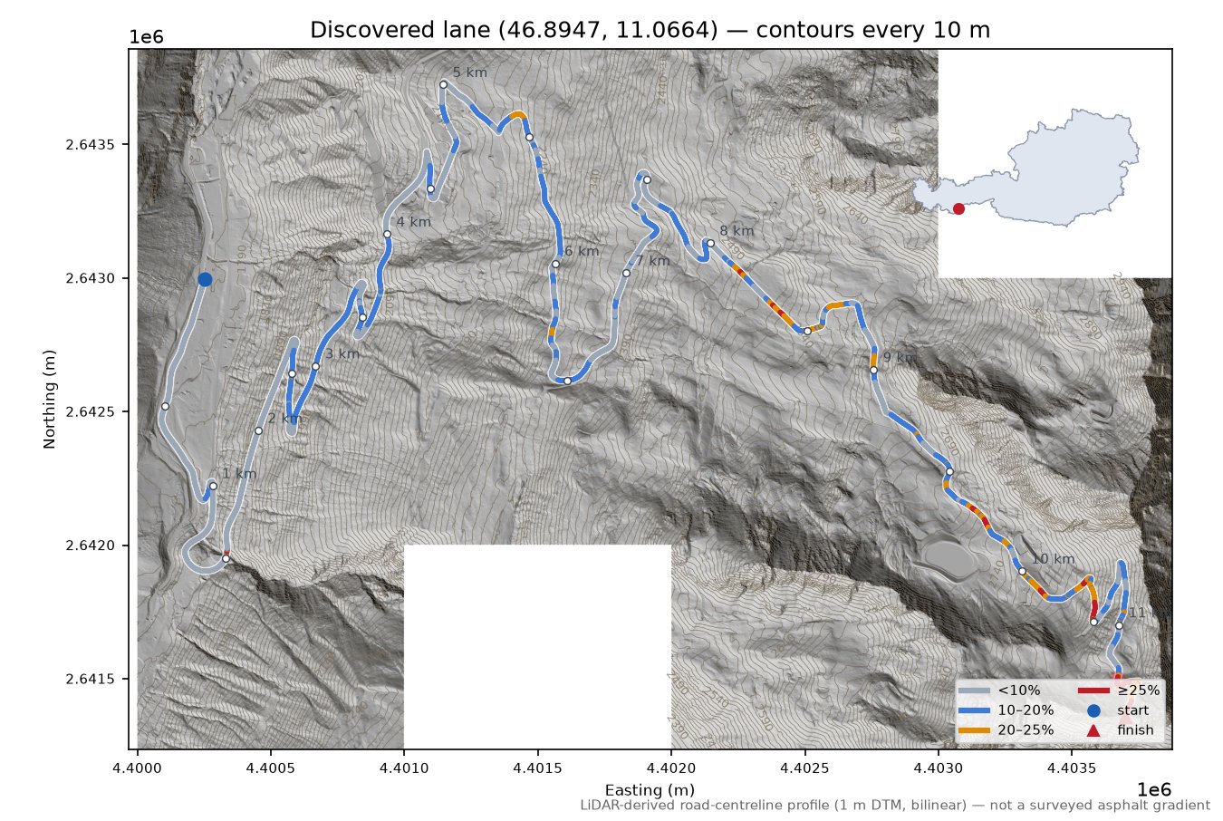 Discovered lane (46.8947, 11.0664) LiDAR hillshade map with contours